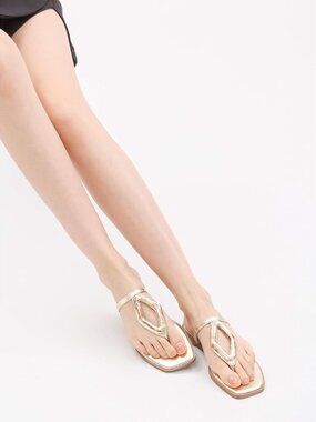 🆕Women's Gold Flip Flops Slip On Square Open Toe Slides Sandals for Summer